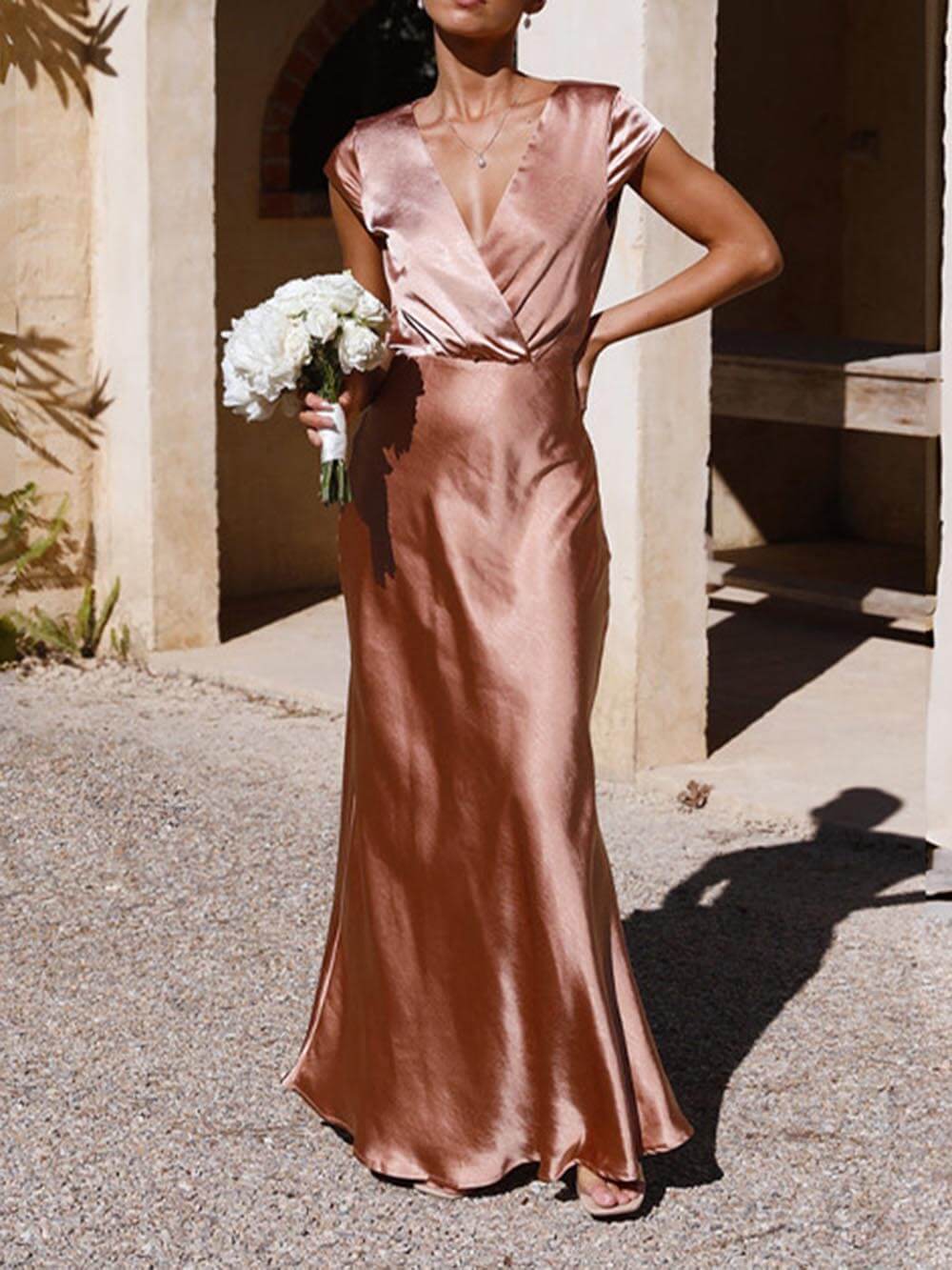Velin™ | Spring/Summer Satin Solid Color V-Neck Fishtail Party Dress for Women