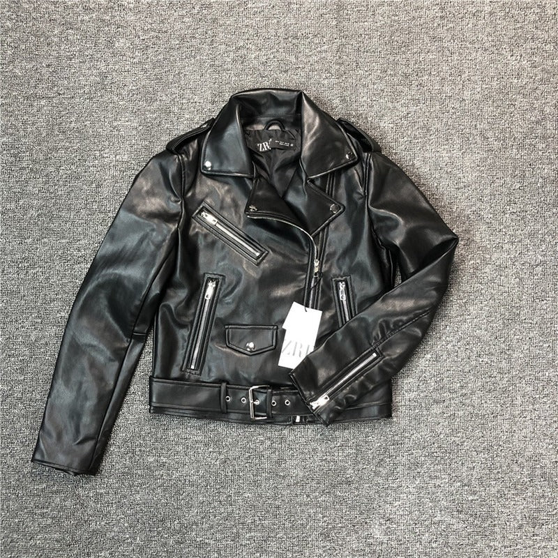 50% off | Elfriede™ | Women's slim-fit leather jacket with belt and multiple pockets