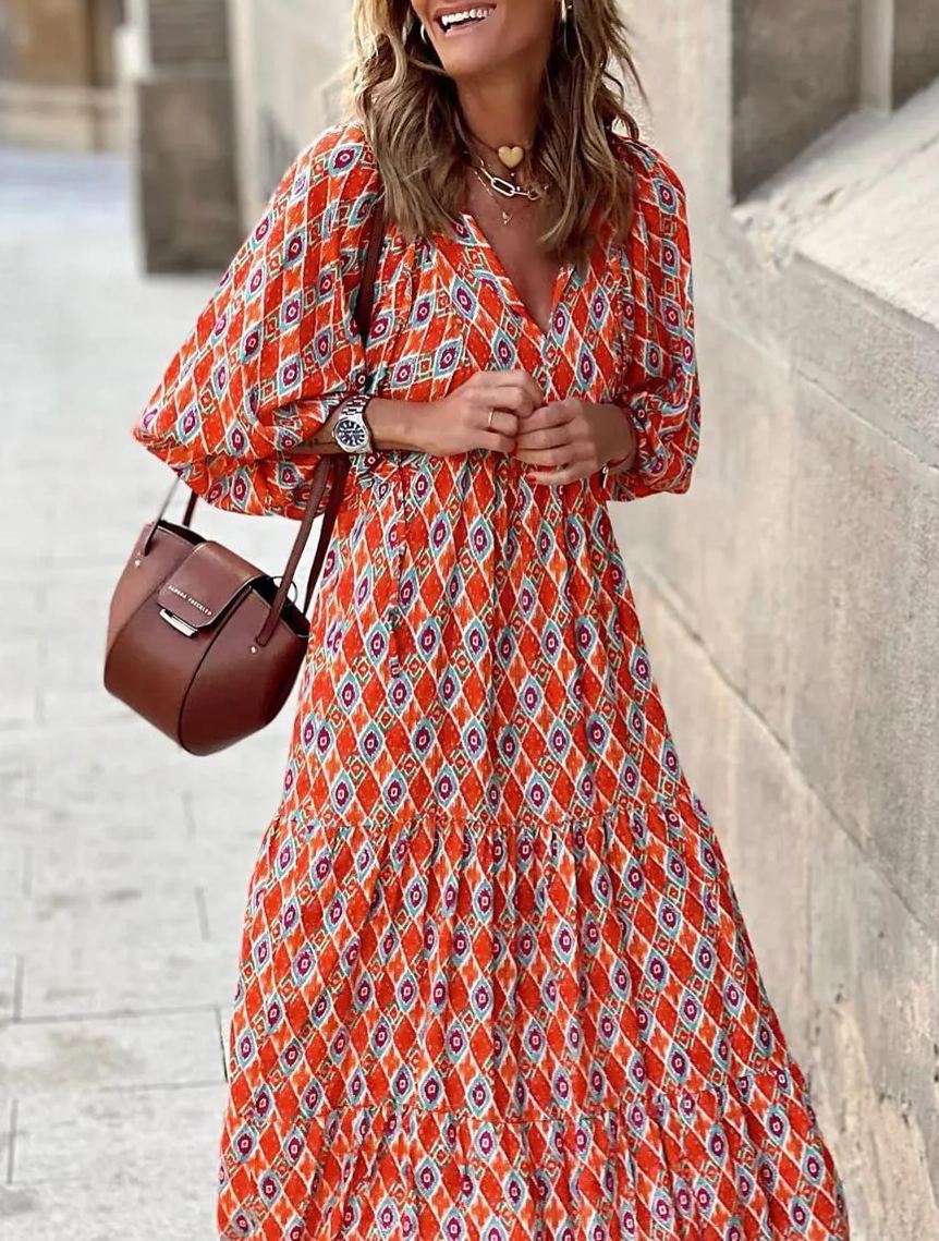 Bohevara™ | Women's Puff Sleeve Geometric Bohemian Maxi Dresses