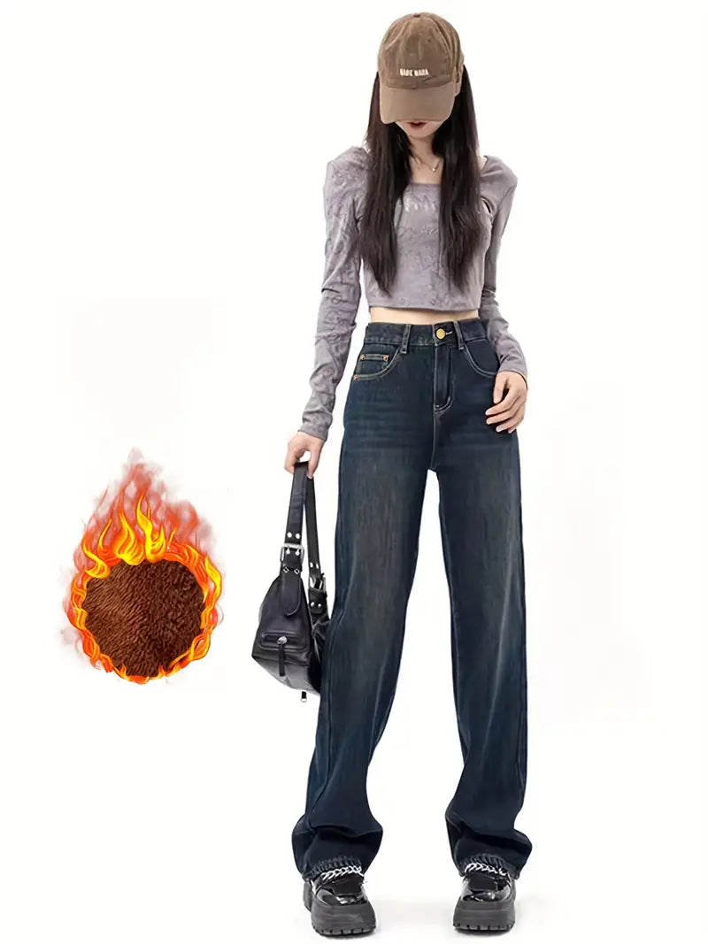 Dreilaen™ | Women's Fleece-Lined Straight-Leg Jeans - Casual High-Waisted Denim