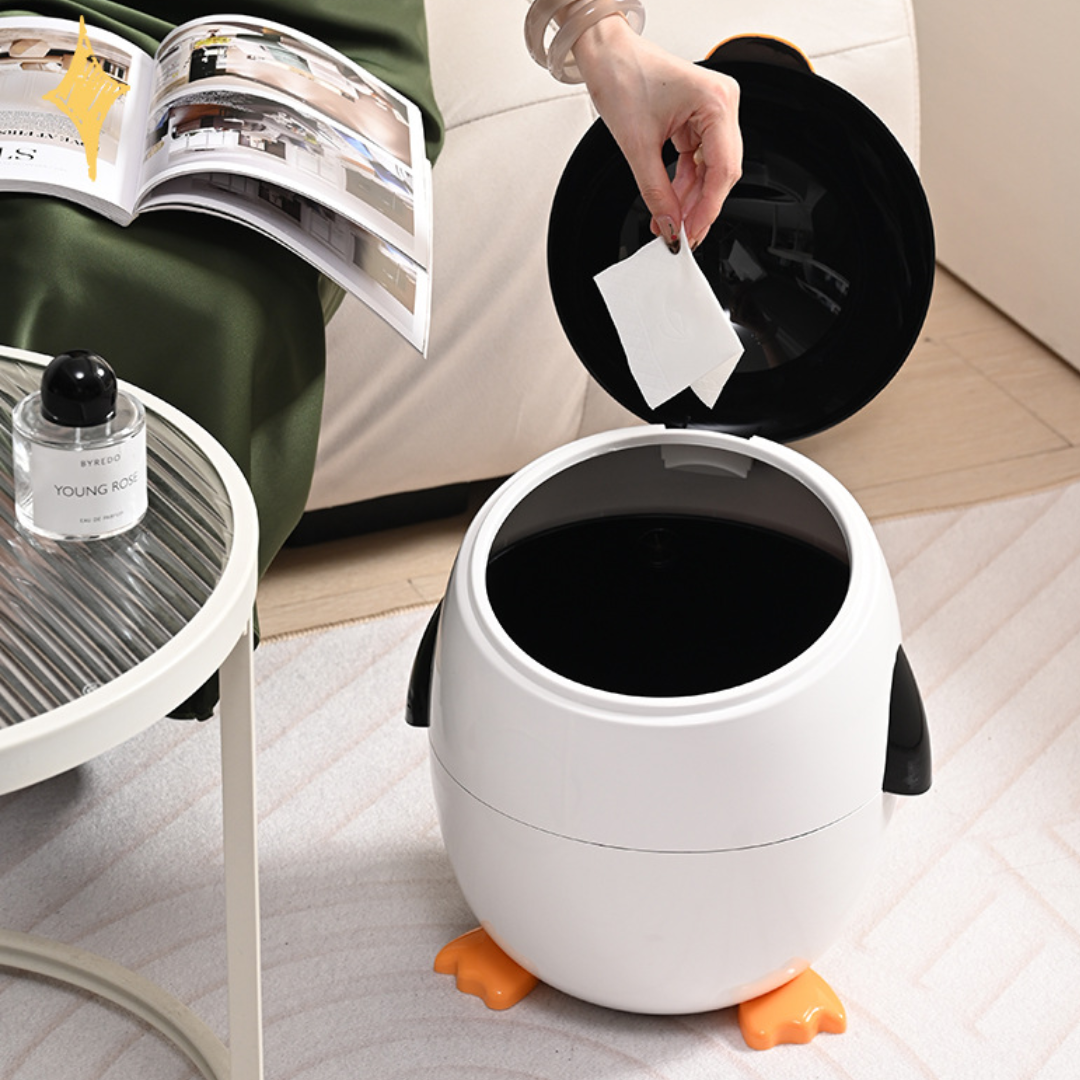 Niedlicher Cartoon-Pinguin-Mülleimer mit Klappdeckel für Kinderzimmer