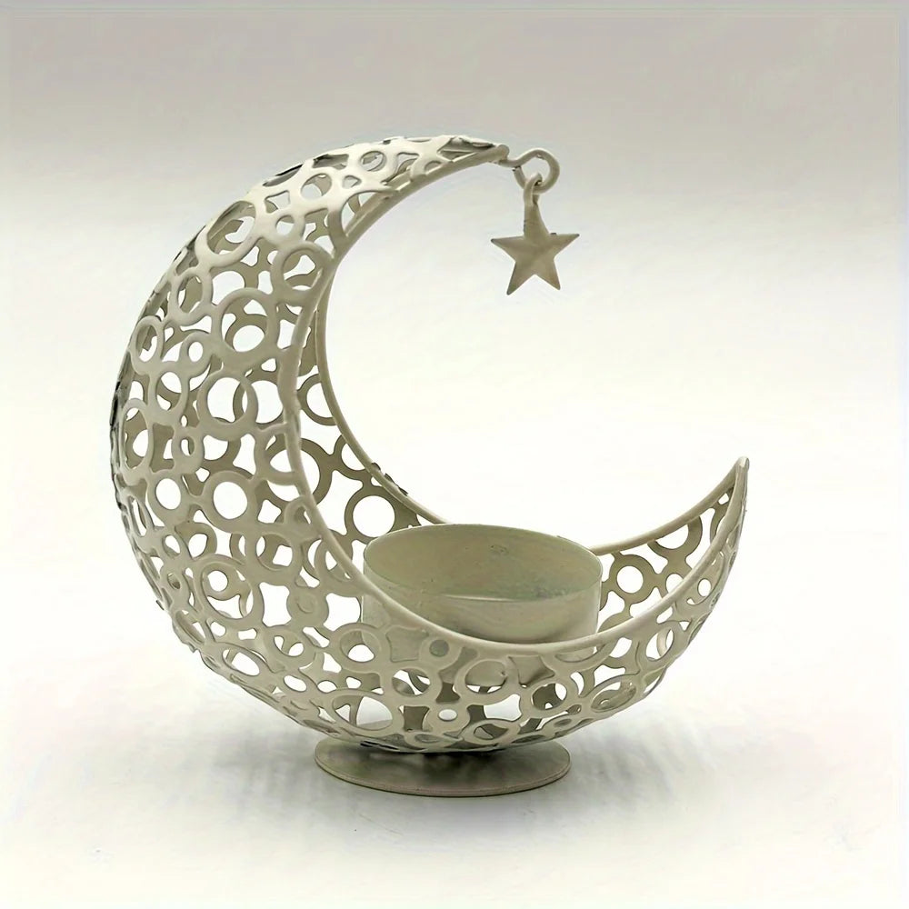 Moderner schwarzer Kerzenhalter mit Mond und Sternen in Gold