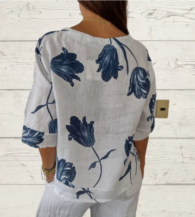50% off | Eileen Fisher™ - Printed Linen Cotton V-Neck Pullover Shirt