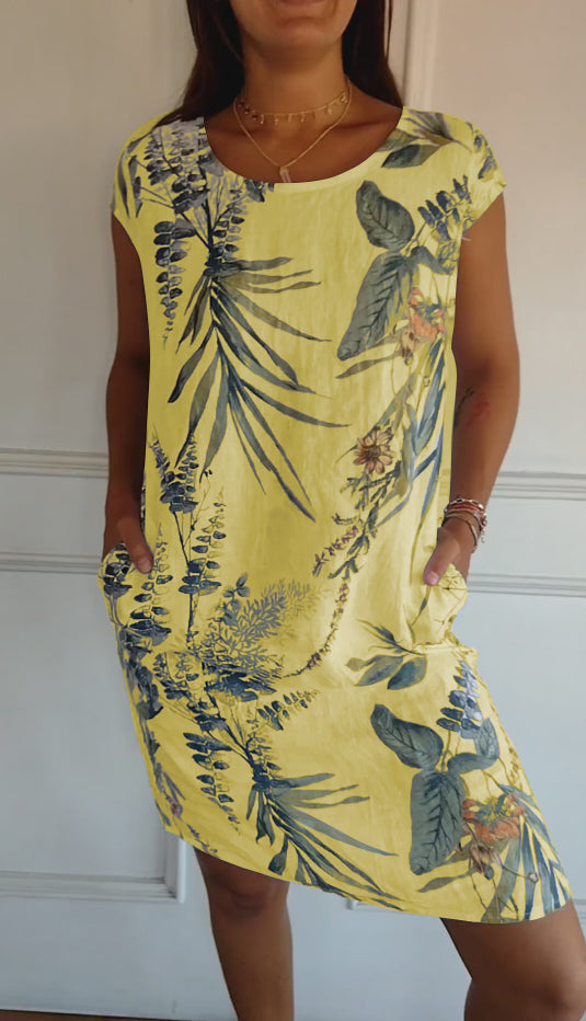 Aldorian™ | Women's round-neck printed cotton and linen dress