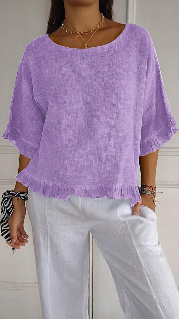 Nuvéa™ | Round neck, gathered hem, medium sleeves, cotton and linen