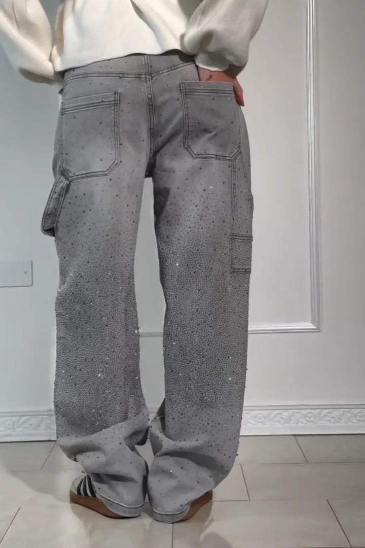 GleamFit™ Women's Rhinestone Harem Jeans | Stylish and comfortable denim pants with sparkling accents