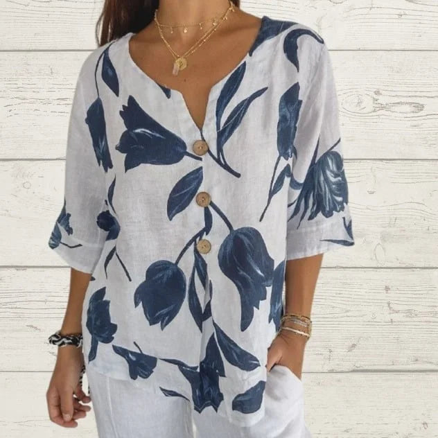 50% off | Eileen Fisher™ - Printed Linen Cotton V-Neck Pullover Shirt
