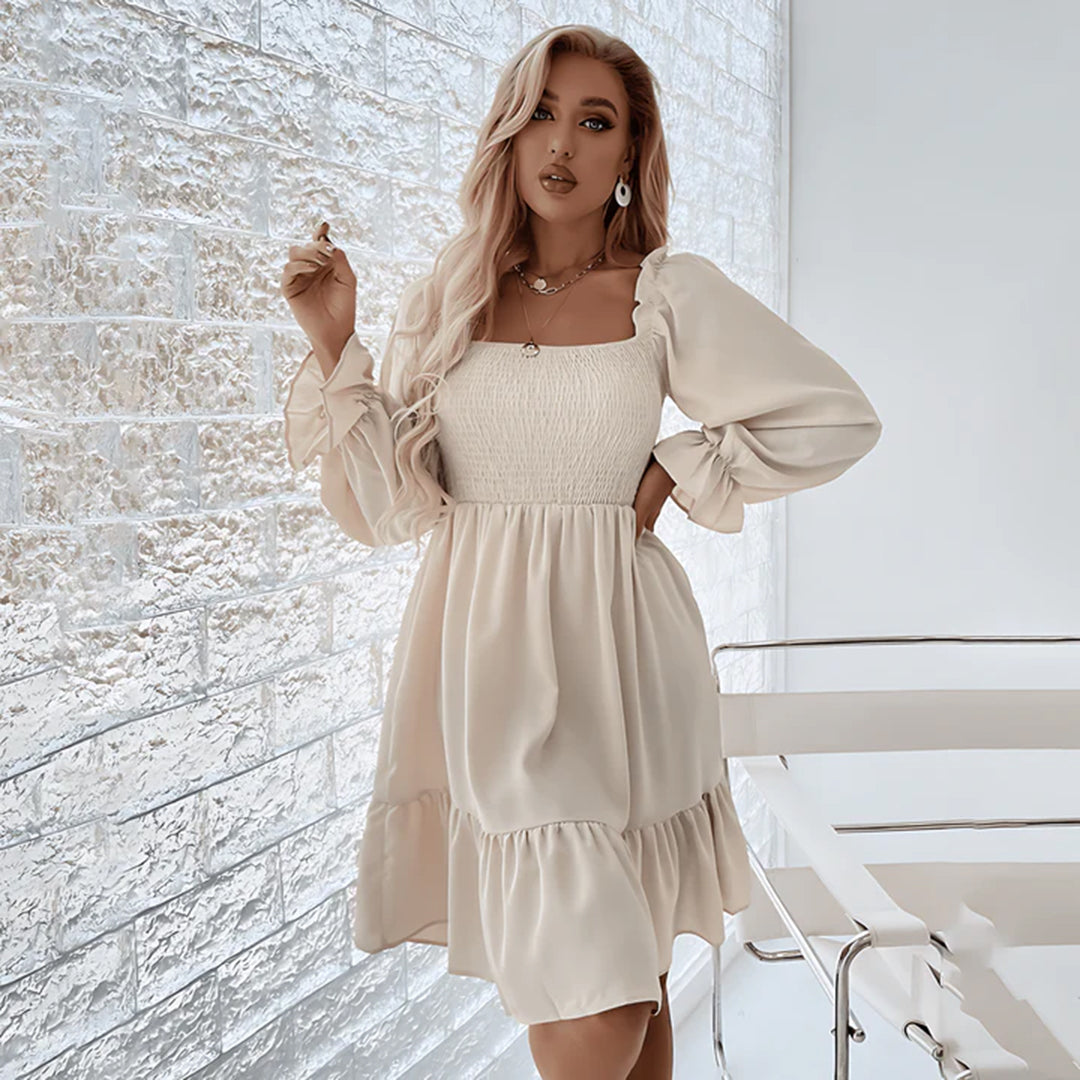 Emmeline™ | Summer mini dress with ruffles – puff sleeves, square neckline & elastic waist