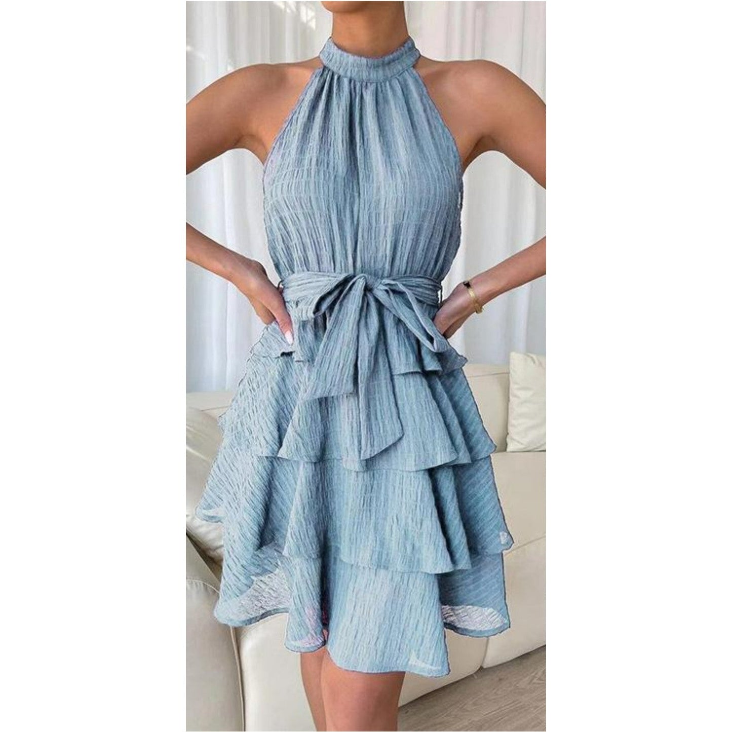 Engeltraud™ | Boho mini dress with flounces – open back, halter neck & waist belt for summer & festival