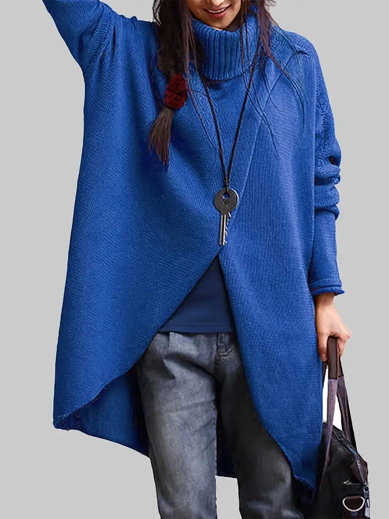 Dreithora™ | Split Solid Turtle Neck Pullover, Elegant Long Sleeve Sweaters for Autumn
