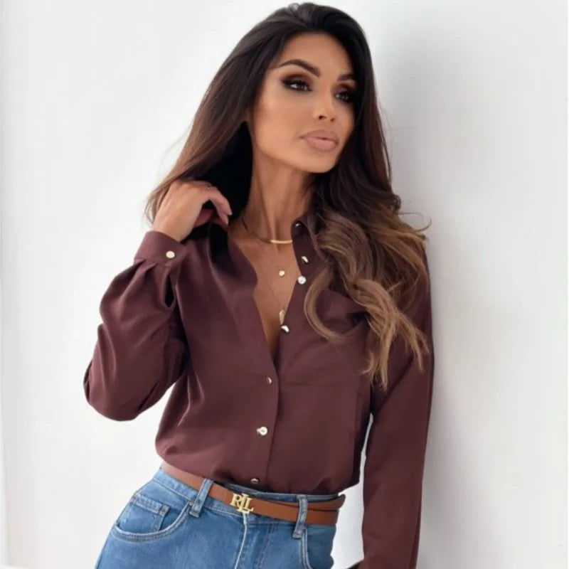 Alrun™ – Elegant long-sleeved blouse with button placket and lapel collar