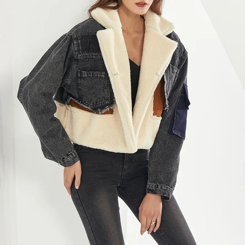 Teresa™ | Women's patchwork lambswool coat with denim and color contrasts – Trendy short jacket for winter
