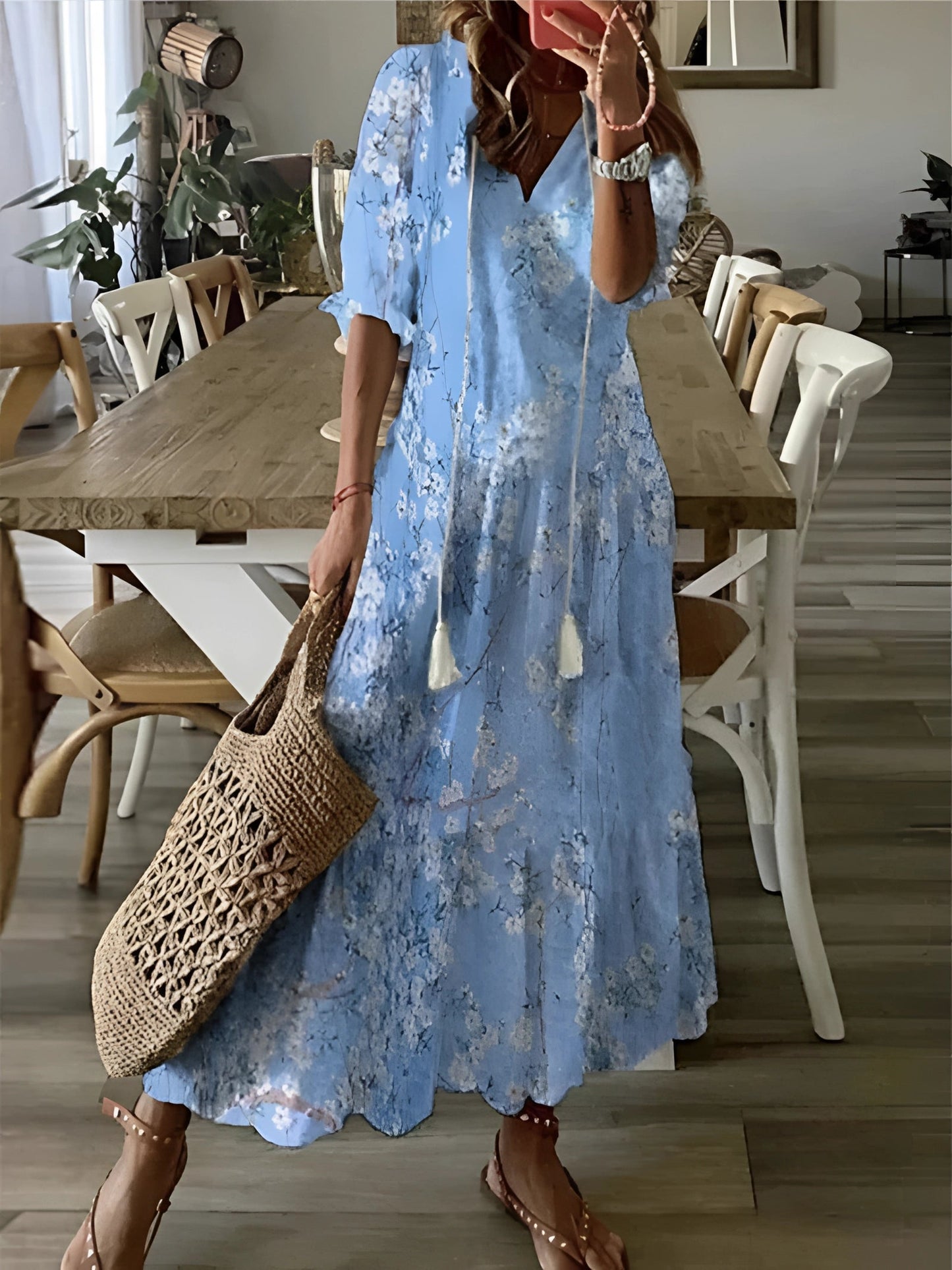 FloraBoho™ | V-neck midi dress – elegant, lightweight summer wear