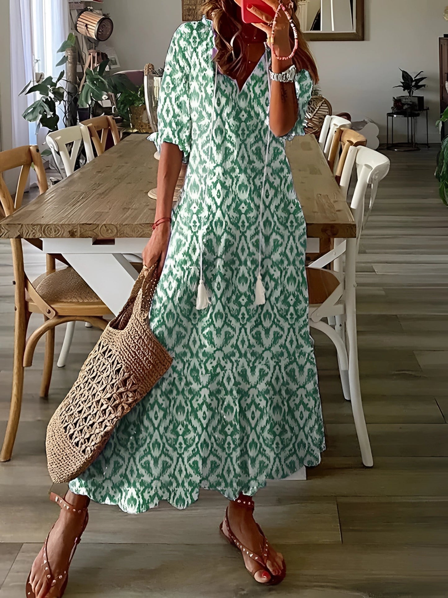 FloraBoho™ | V-neck midi dress – elegant, lightweight summer wear