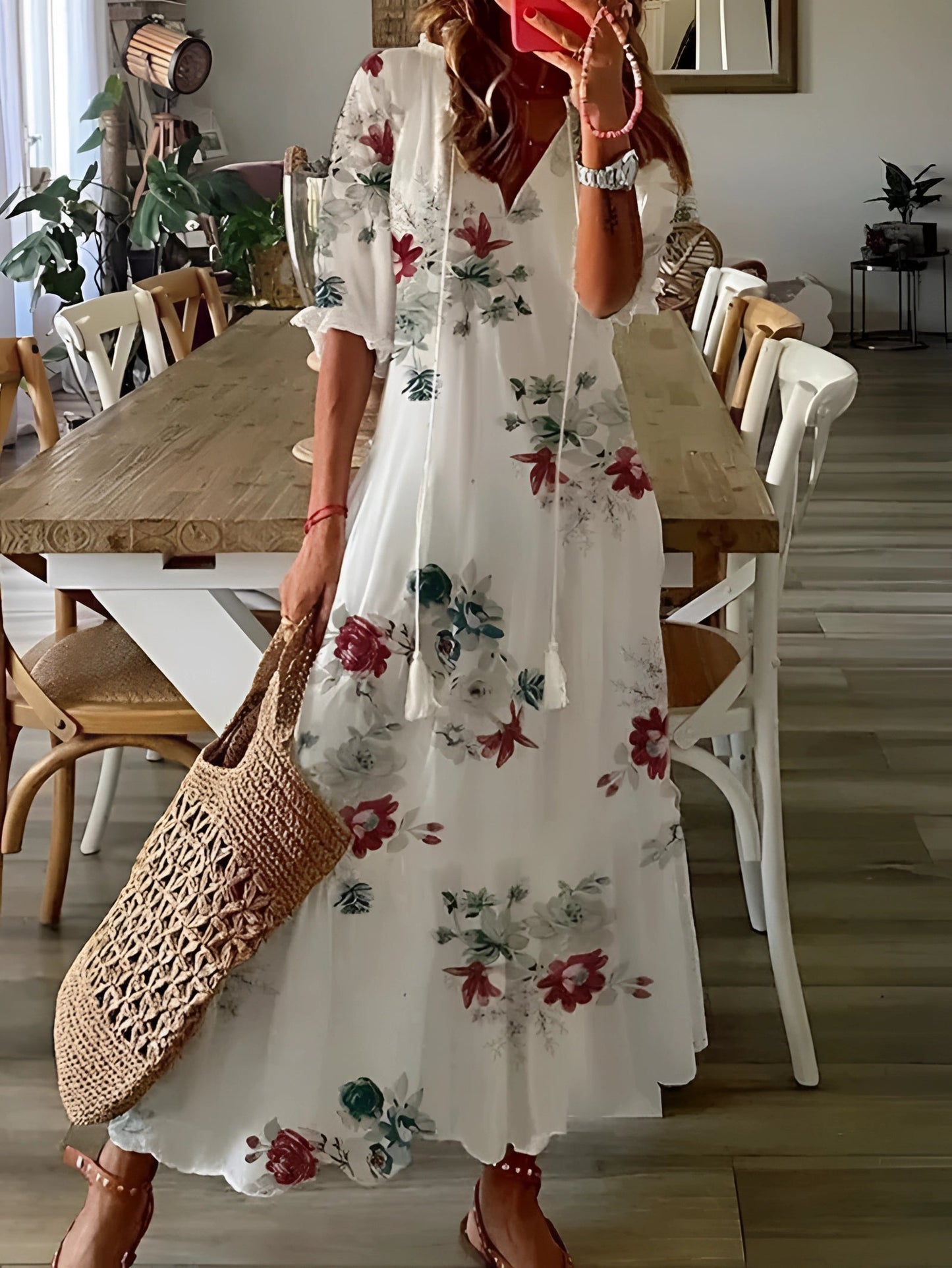 FloraBoho™ | V-neck midi dress – elegant, lightweight summer wear