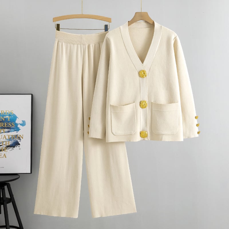 Woolvara™ – Wool sweater with metal buttons & wide-leg pantsuit | Elegant, warm, and stylish two-piece set
