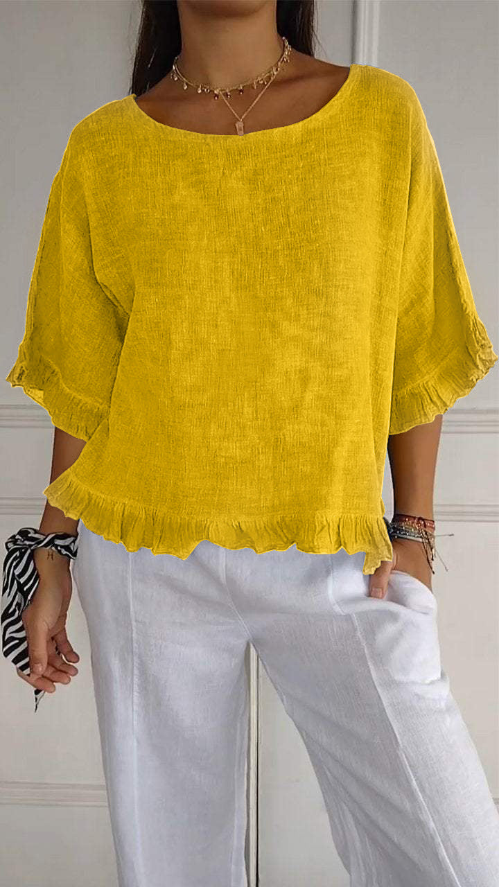 Nuvéa™ | Round neck, gathered hem, medium sleeves, cotton and linen