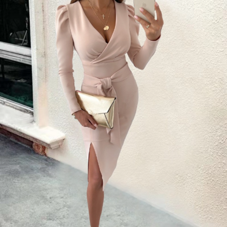 Ulaine™ | Long-sleeved V-neck midi dress