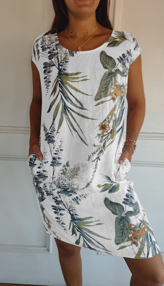 Aldorian™ | Women's round-neck printed cotton and linen dress