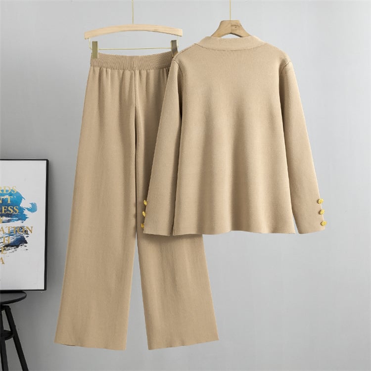 Woolvara™ – Wool sweater with metal buttons & wide-leg pantsuit | Elegant, warm, and stylish two-piece set