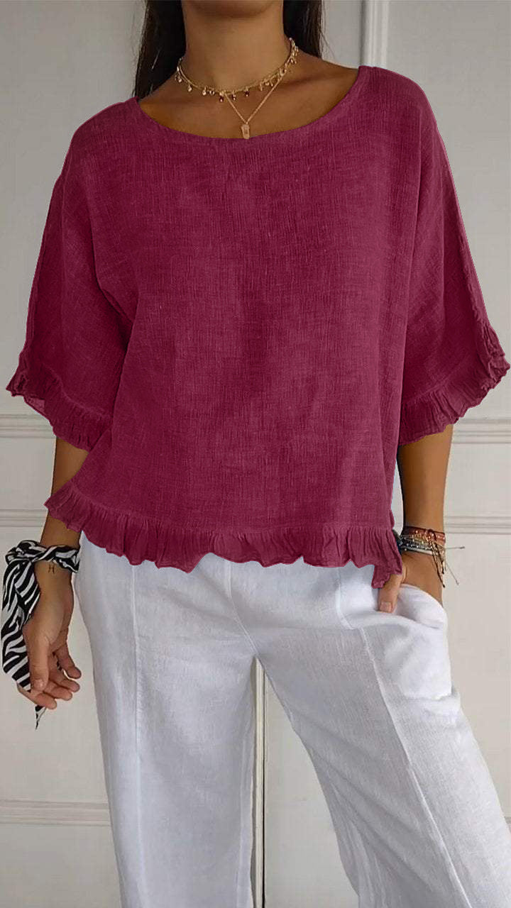 Nuvéa™ | Round neck, gathered hem, medium sleeves, cotton and linen