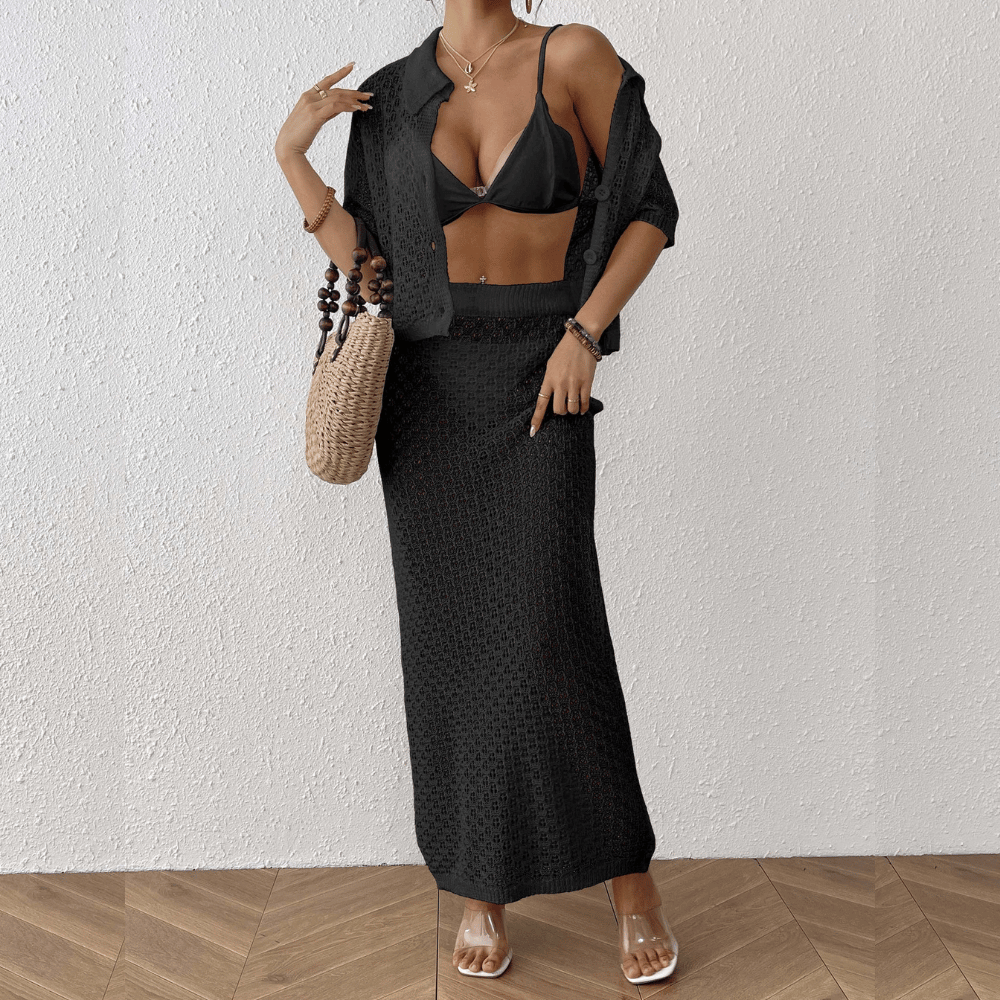 Anika™ | Crochet Beach Set Two-Piece – Summery 2-piece outfit with button top & bodycon skirt made of airy mesh structure