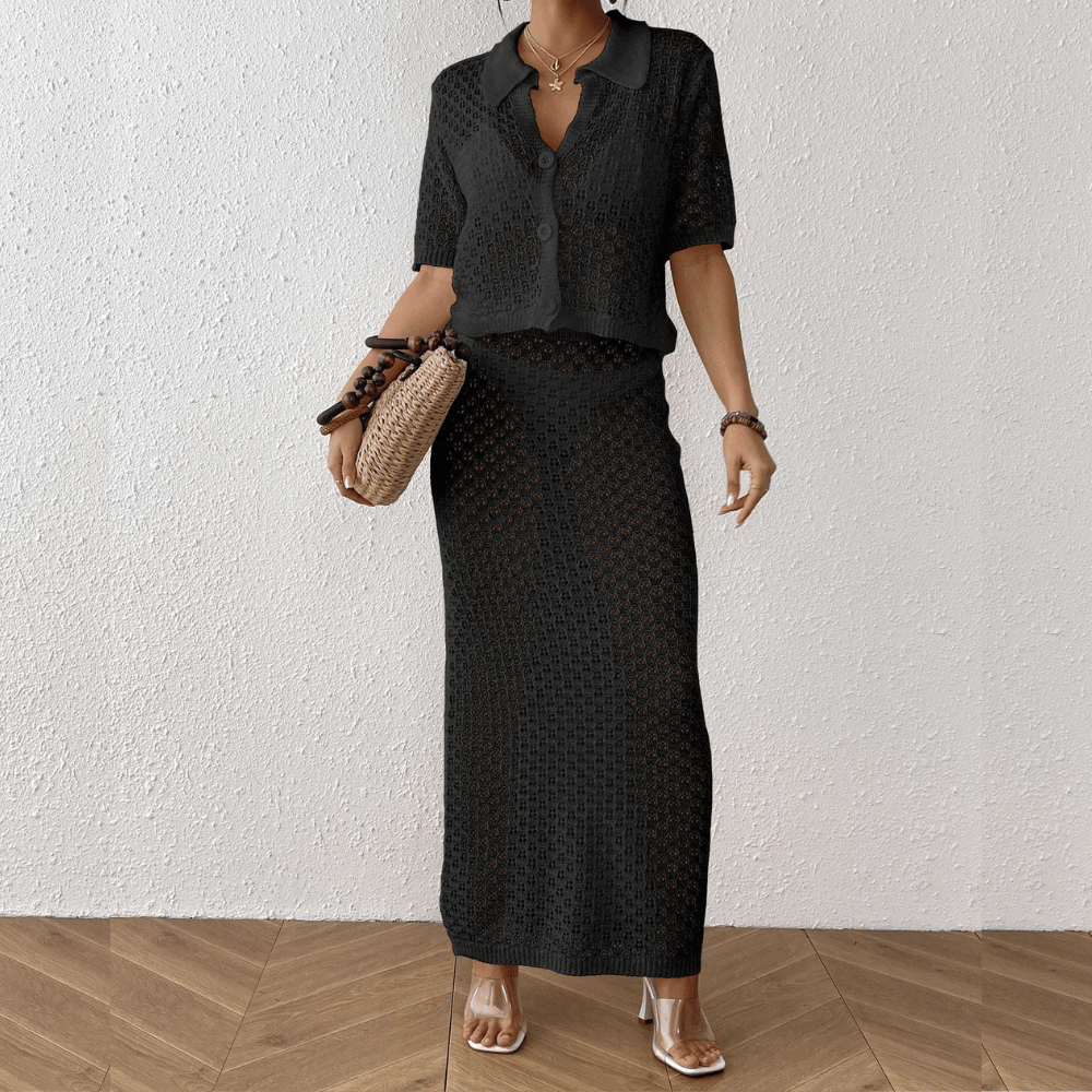 Anika™ | Crochet Beach Set Two-Piece – Summery 2-piece outfit with button top & bodycon skirt made of airy mesh structure