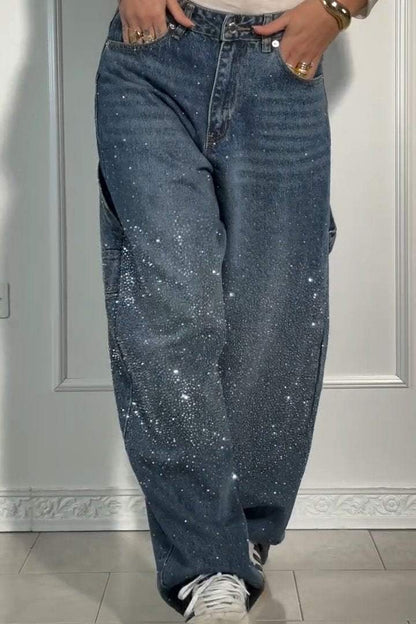 GleamFit™ Women's Rhinestone Harem Jeans | Stylish and comfortable denim pants with sparkling accents 