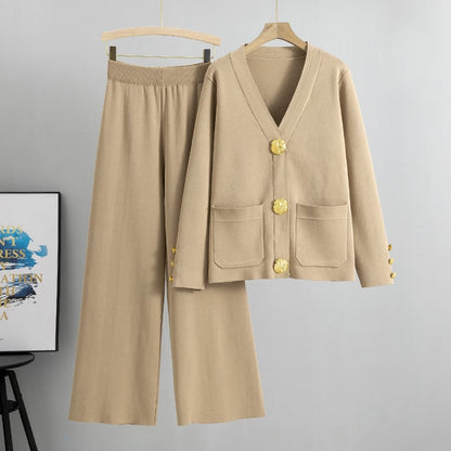Woolvara™ – Wool sweater with metal buttons &amp; wide-leg pantsuit | Elegant, warm, and stylish two-piece set 