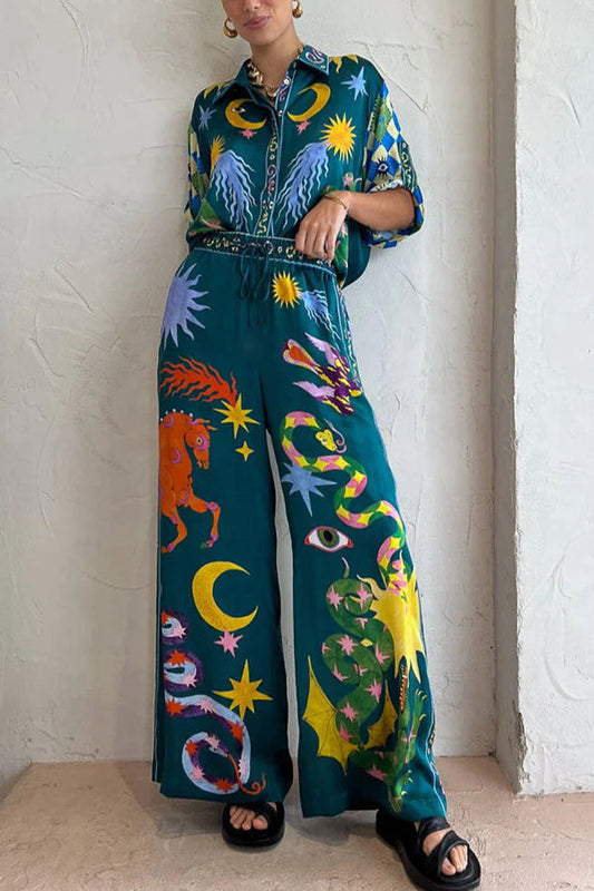 LinoFit™ – Unique Print Elastic Waistband with Pockets Wide Leg Pants