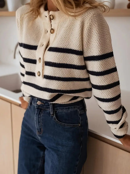 50% off | Dreynara™ - Striped round-neck sweater with button accents