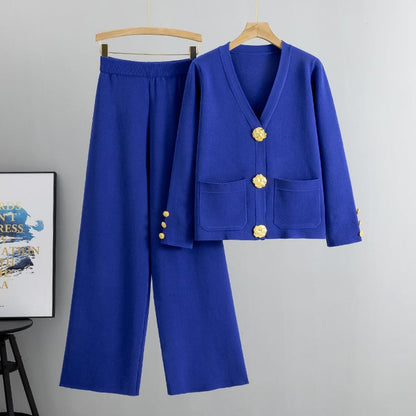 Woolvara™ – Wool sweater with metal buttons &amp; wide-leg pantsuit | Elegant, warm, and stylish two-piece set 