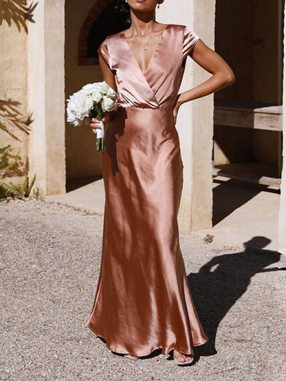 Velin™ | Spring/Summer Satin Solid Color V-Neck Fishtail Party Dress for Women