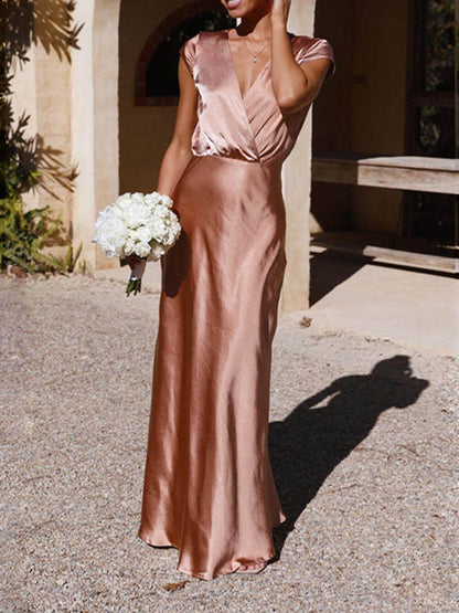 Velin™ | Spring/Summer Satin Solid Color V-Neck Fishtail Party Dress for Women