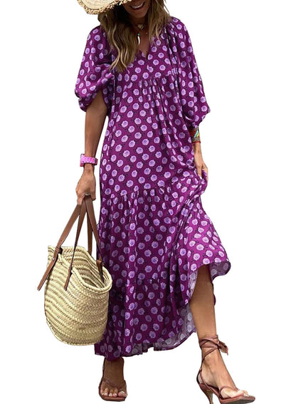 Bohevara™ | Women's Puff Sleeve Geometric Bohemian Maxi Dresses