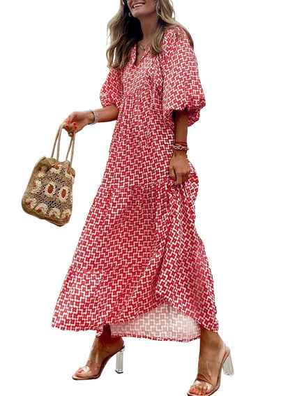 Bohevara™ | Women's Puff Sleeve Geometric Bohemian Maxi Dresses