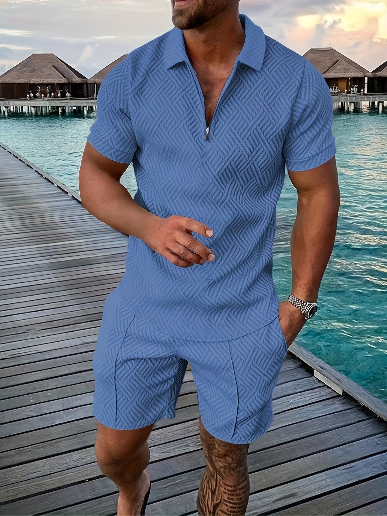 Everard™ – Men's Summer Set with Zip Polo &amp; Shorts in Geo Design 