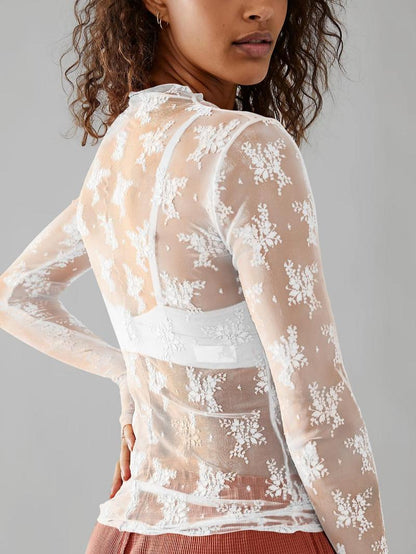 Women's Floral Lace Thumbhole Sheer Tee