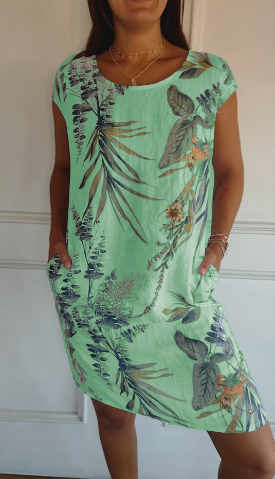 Aldorian™ | Women's round-neck printed cotton and linen dress 