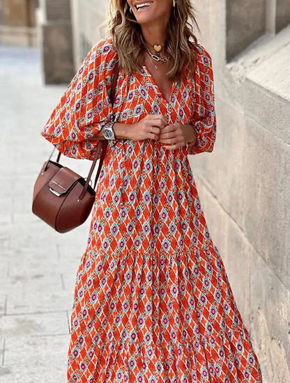 Bohevara™ | Women's Puff Sleeve Geometric Bohemian Maxi Dresses