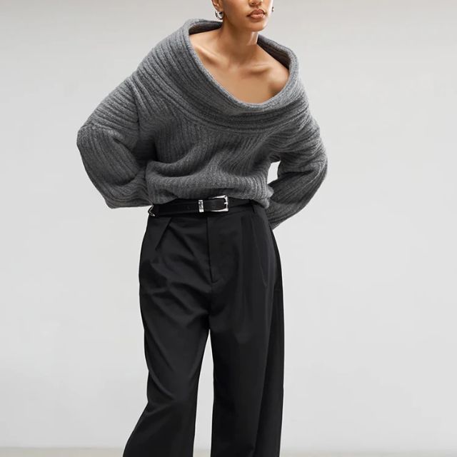 50% OFF | Sivora™ | Women's Ribbed Asymmetric Collar Knit Sweater [Rabat på sidste dag]