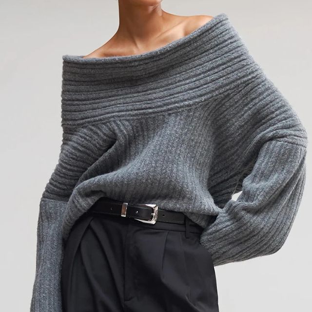 50% OFF | Sivora™ | Women's Ribbed Asymmetric Collar Knit Sweater [Rabat på sidste dag]