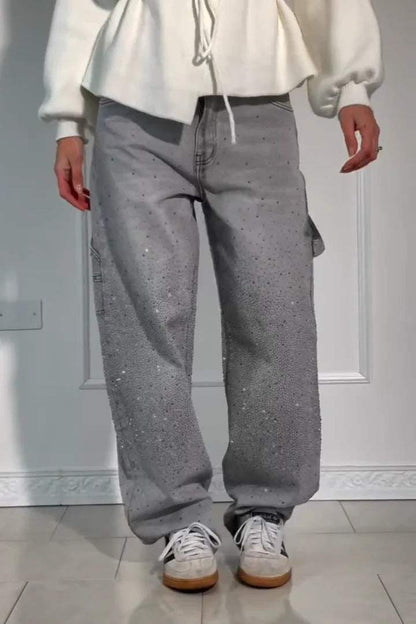 GleamFit™ Women's Rhinestone Harem Jeans | Stylish and comfortable denim pants with sparkling accents 