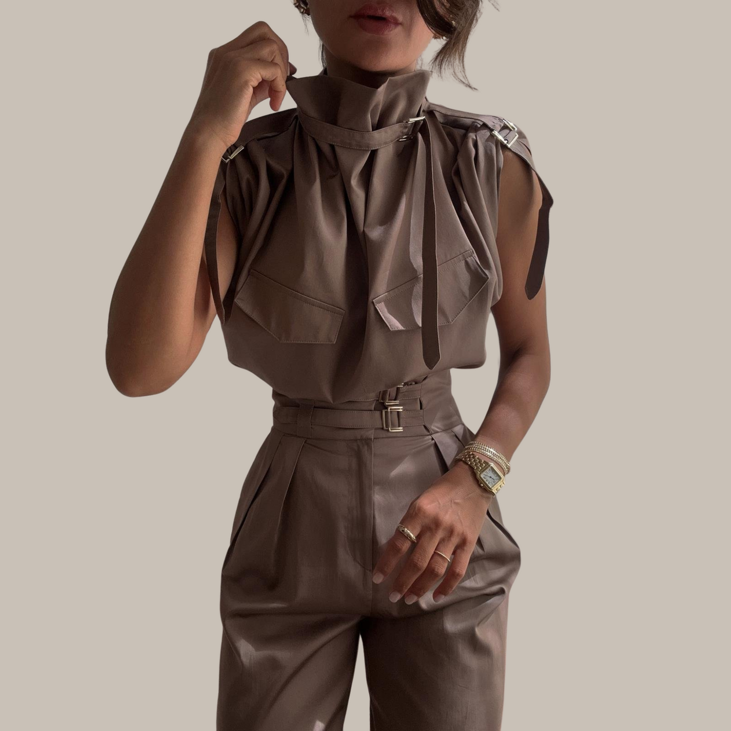 Felice™ - Women's turtleneck two-piece with belt and high-waist pants