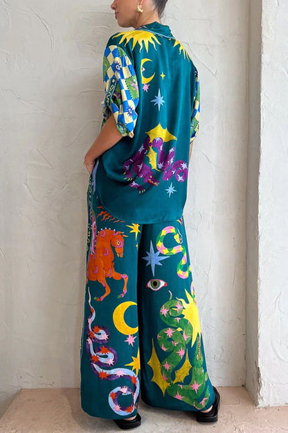 LinoFit™ – Unique Print Elastic Waistband with Pockets Wide Leg Pants