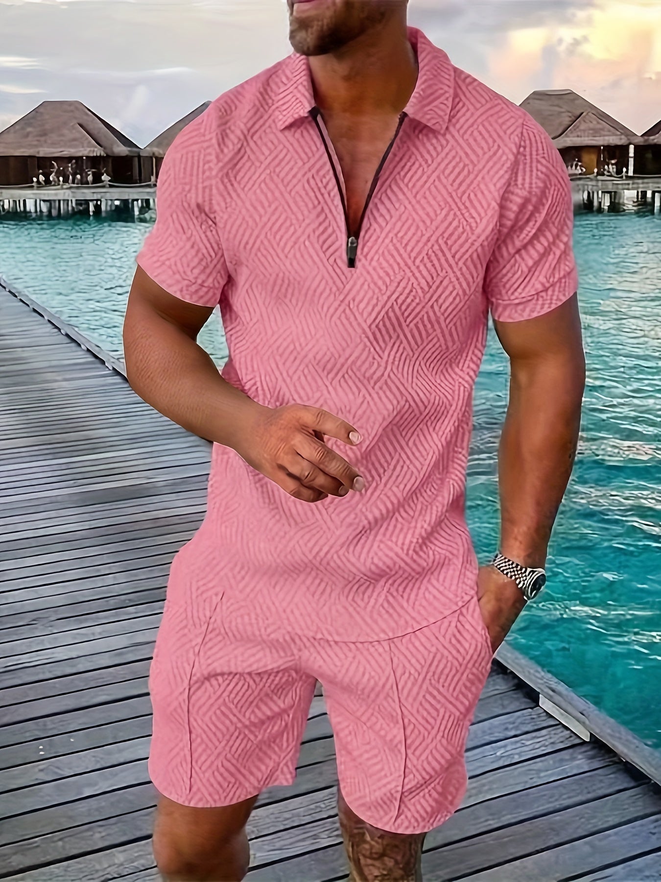Everard™ – Men's Summer Set with Zip Polo &amp; Shorts in Geo Design 