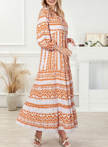 Bohevara™ | Women's Puff Sleeve Geometric Bohemian Maxi Dresses