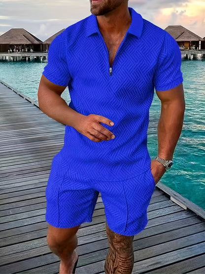 Everard™ – Men's Summer Set with Zip Polo &amp; Shorts in Geo Design 