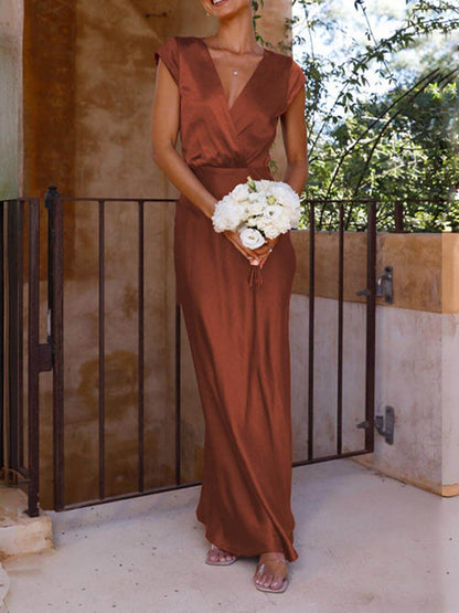 Velin™ | Spring/Summer Satin Solid Color V-Neck Fishtail Party Dress for Women