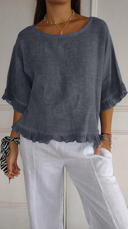 Nuvéa™ | Round neck, gathered hem, medium sleeves, cotton and linen 